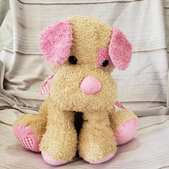 Animal Adventure Tan Pink Curly Puppy Dog Plush Stuffed Toy Gingham Pink Bandana - Picture 9 of 9